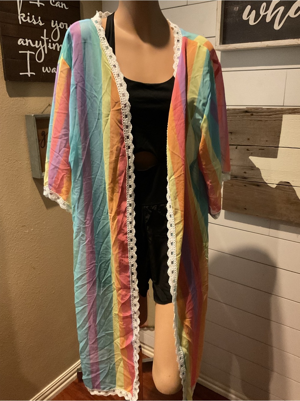Lularoe Women’s Chloe Open Front Kimono Rainbow with Lace Size Medium EUC